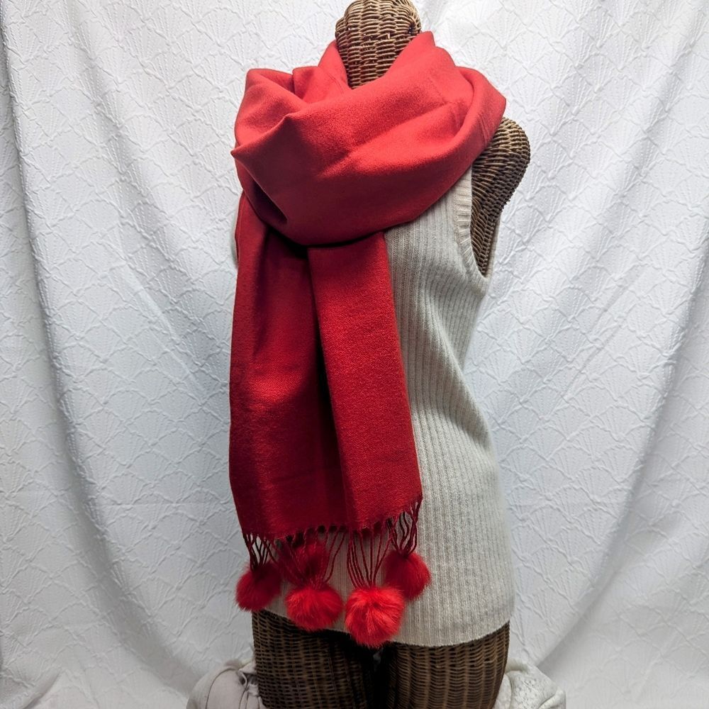 Velvet & Wool Long Scarf With Pom Poms